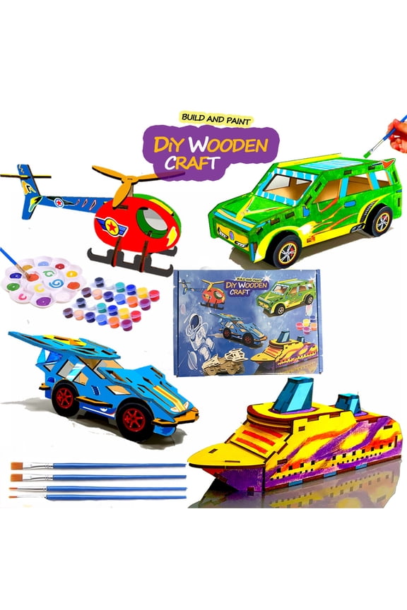 Build & Paint Your Own Wooden Cars, Monster Truck, Helicopter, Cruise Liner, DIY Wood Craft Kit, Easy to Assemble Arts Crafts Kit, Birthday Party Presents for Kids Boys Ages 6 and Up