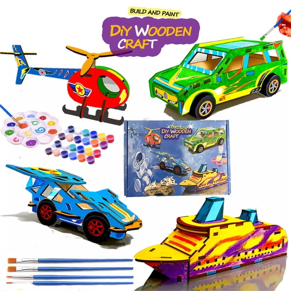 Build & Paint Your Own Wooden Cars, Monster Truck, Helicopter, Cruise Liner, DIY Wood Craft Kit, Easy to Assemble Arts Crafts Kit, Birthday Party Presents for Kids Boys Ages 6 and Up