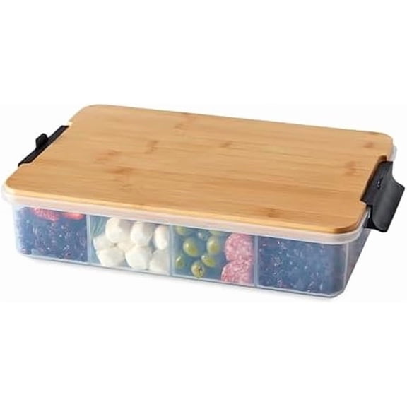 Build Snacklebox Serving Tray with Locking Bamboo Cutting Board Lid, Portable Storage Container with Compartments for Charcuterie, and More, Natural