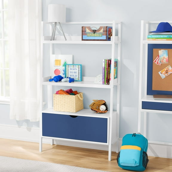 BYO Kids Ladder Bookcase with Drawer, Navy Blue/White