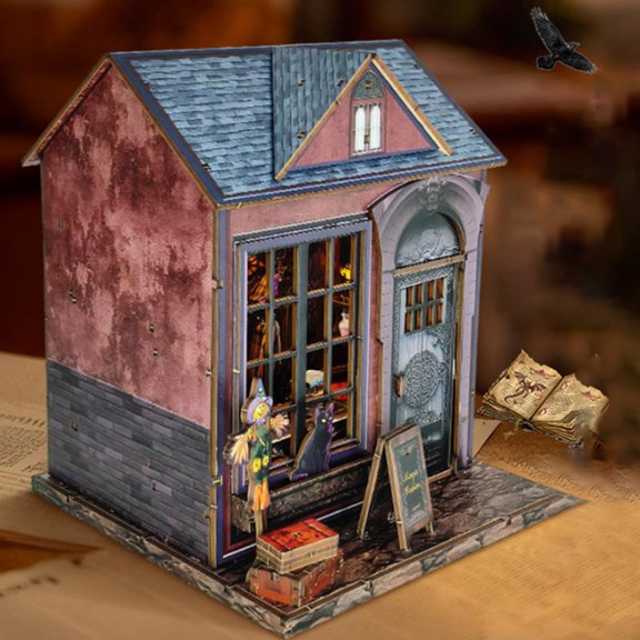 Build Your Own Magic Cabin DIY Book Nook Kit, Wooden Witch House with LED Light, Halloween Bookshelf Decor Gift for Adults