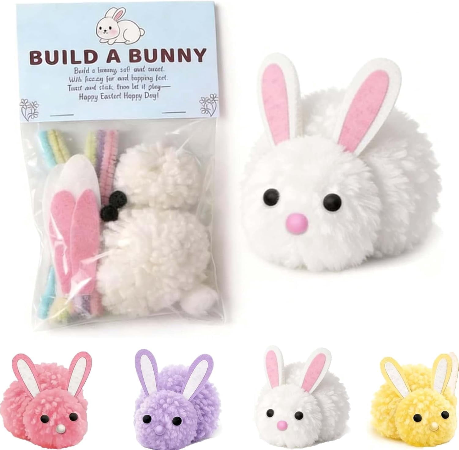 Build a Bunny Easter Craft Kit (1/4 Pack), DIY Make Your Own Stuffed Fluffy Rabbit with Pom Poms and Felt Ears, Spring Party Favors Basket Stuffer
