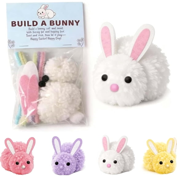 Build a Bunny Easter Craft Kit (1/4 Pack), DIY Make Your Own Stuffed Fluffy Rabbit with Pom Poms and Felt Ears, Spring Party Favors Basket Stuffer