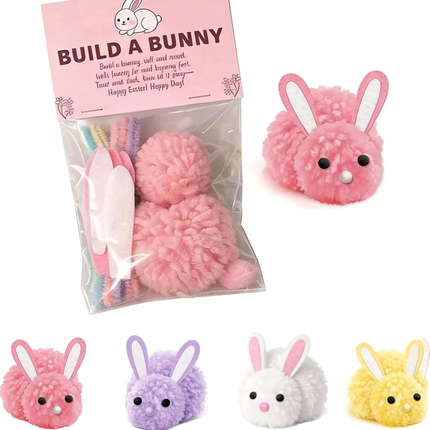 Build a Bunny Easter Craft Kit (1/4 Pack), DIY Make Your Own Stuffed Fluffy Rabbit with Pom Poms and Felt Ears, Spring Party Favors Basket Stuffer