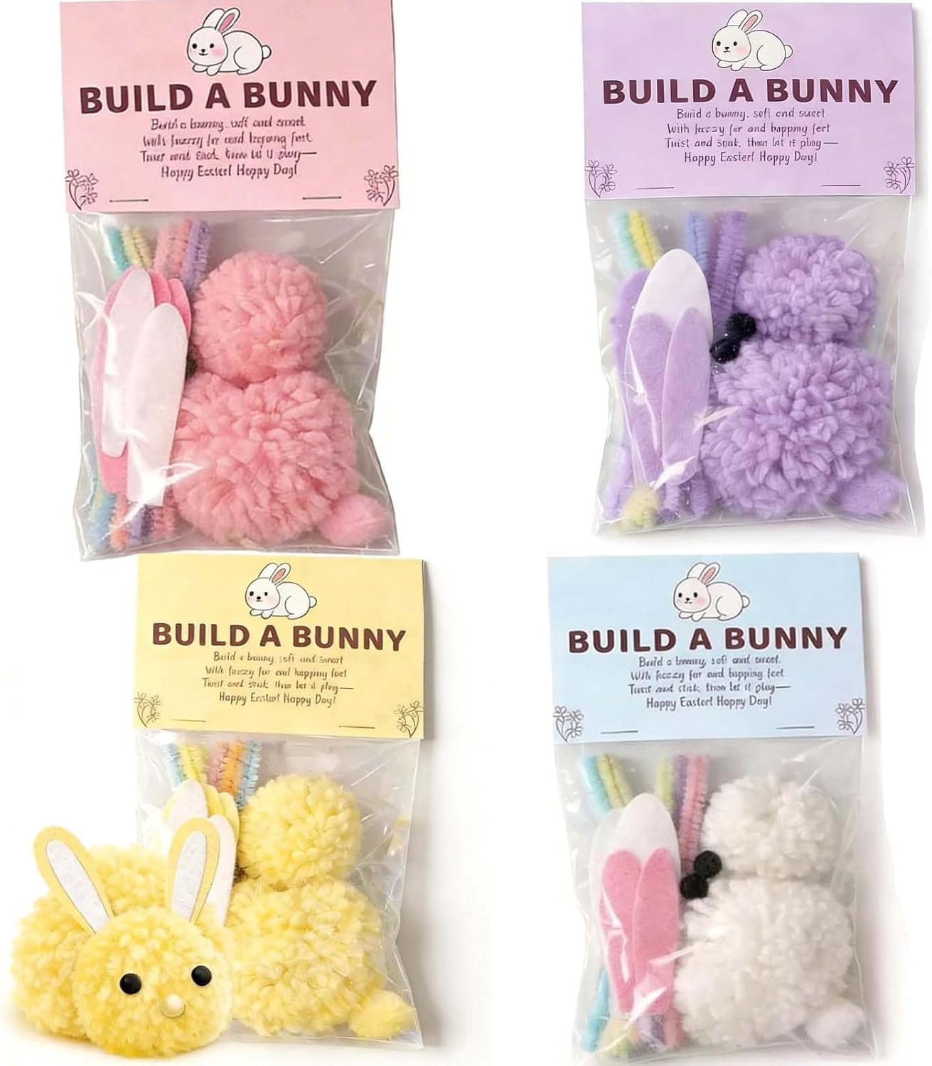 Build a Bunny Easter Craft Kit (1/4 Pack), DIY Make Your Own Stuffed Fluffy Rabbit with Pom Poms and Felt Ears, Spring Party Favors Basket Stuffer