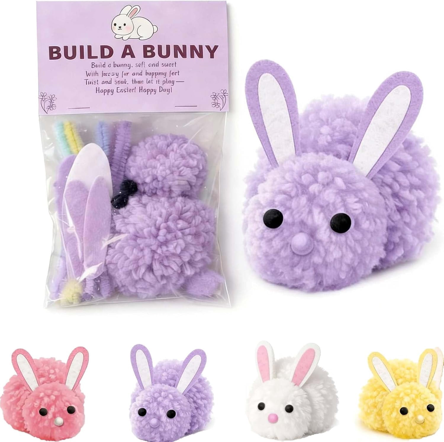 Build a Bunny Easter Craft Kit (1/4 Pack), DIY Make Your Own Stuffed Fluffy Rabbit with Pom Poms and Felt Ears, Spring Party Favors Basket Stuffer