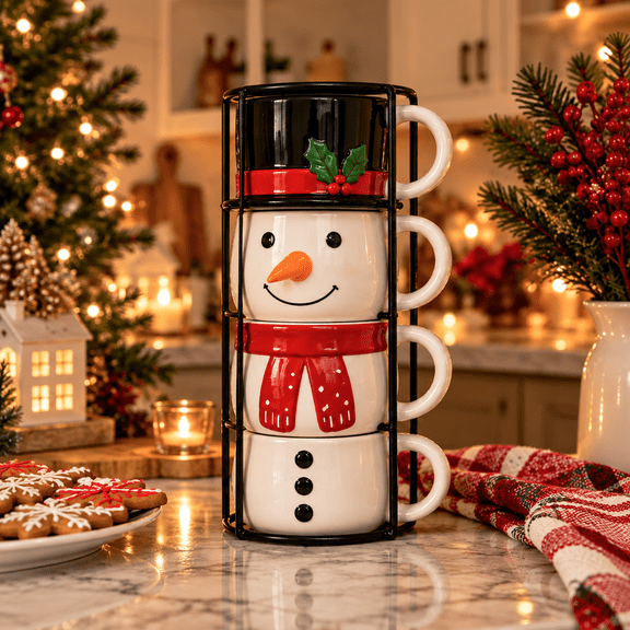Build a Snowman With Your Mugs, Christmas Stackable Snowman Mug Set of 4 with Metal Rack, Coffee Cups for Tea, Hot Chocolate and Holiday Gifts