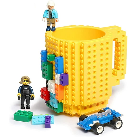Build-on Brick Coffee Mug, Funny DIY Novelty Cup with Building Blocks Creative for Kids Men Women Xmas Birthday (Yellow)