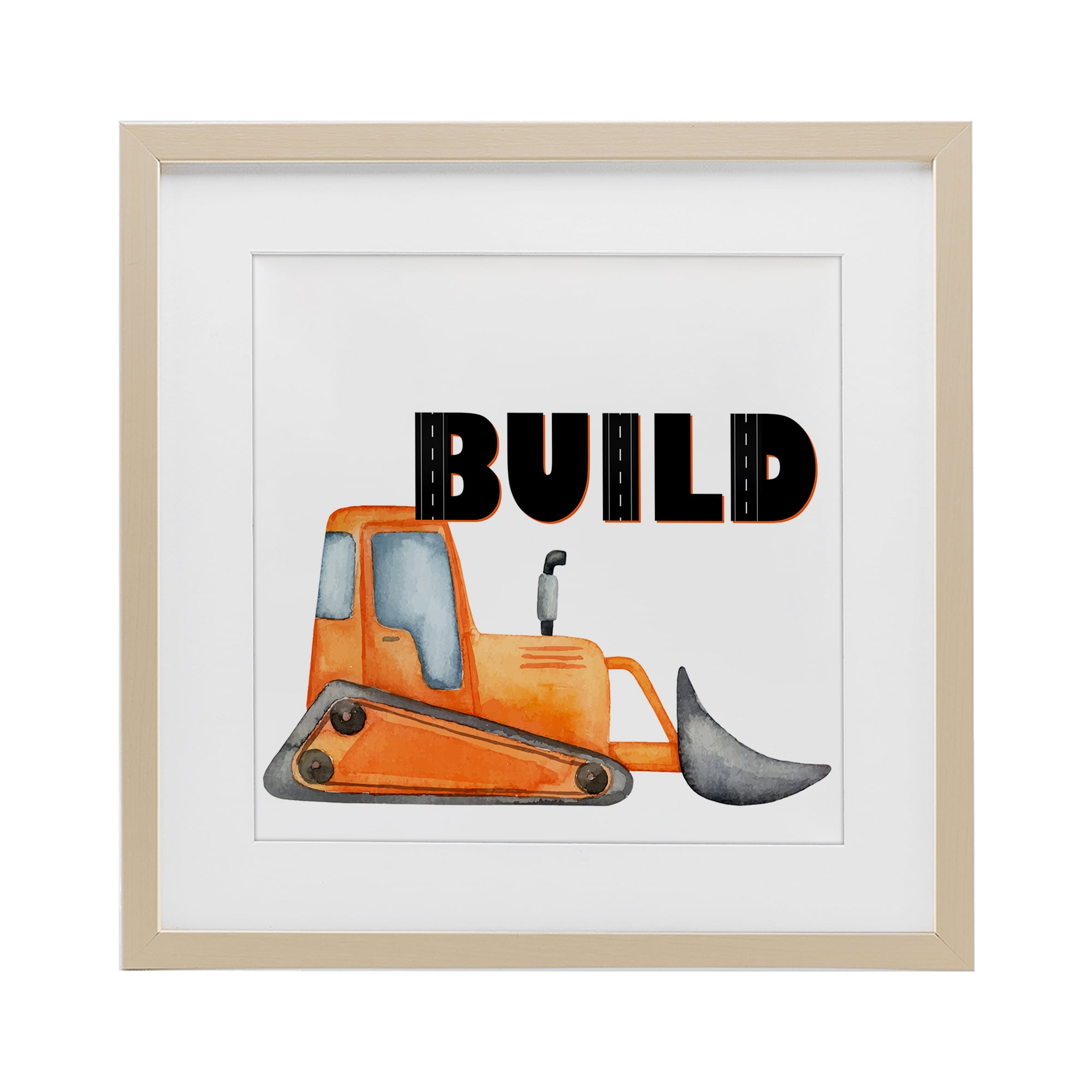 Build with Orange Bulldozer Birch Framed Print Under Glass, design by Kim Allen