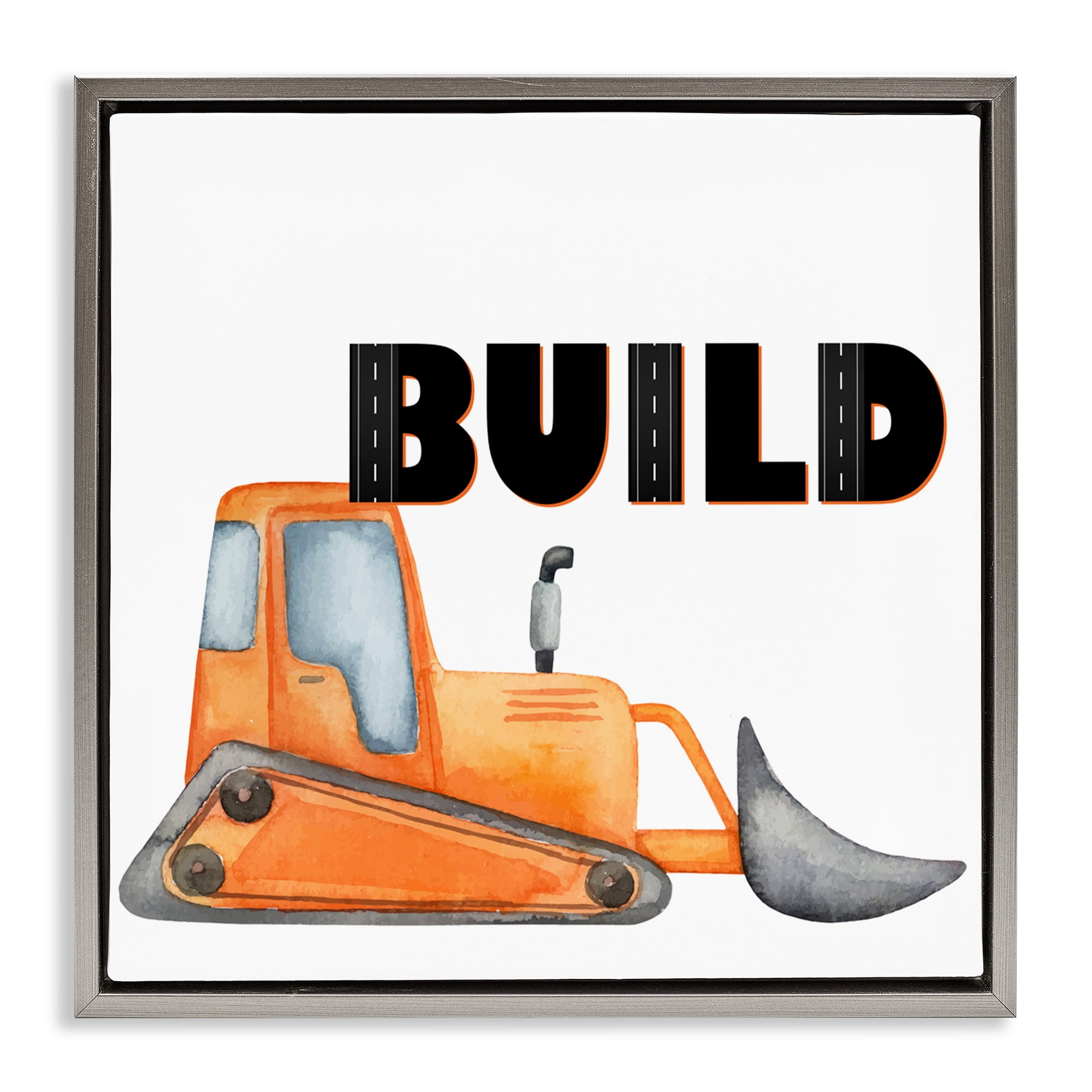 Build with Orange Bulldozer Gray Framed Floater Canvas Wall Art, design by Kim Allen