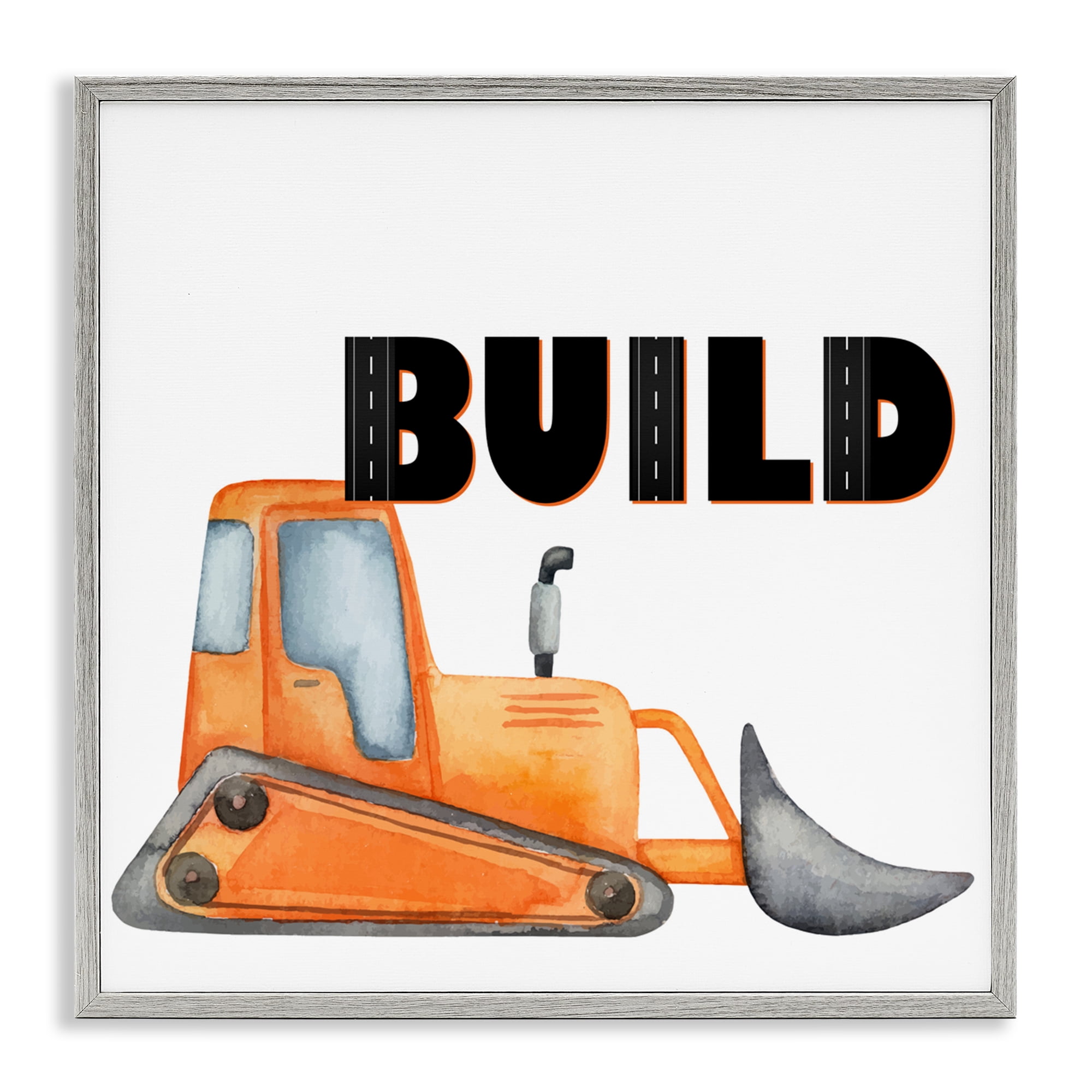 Build with Orange Bulldozer Gray Framed Giclee Art, design by Kim Allen