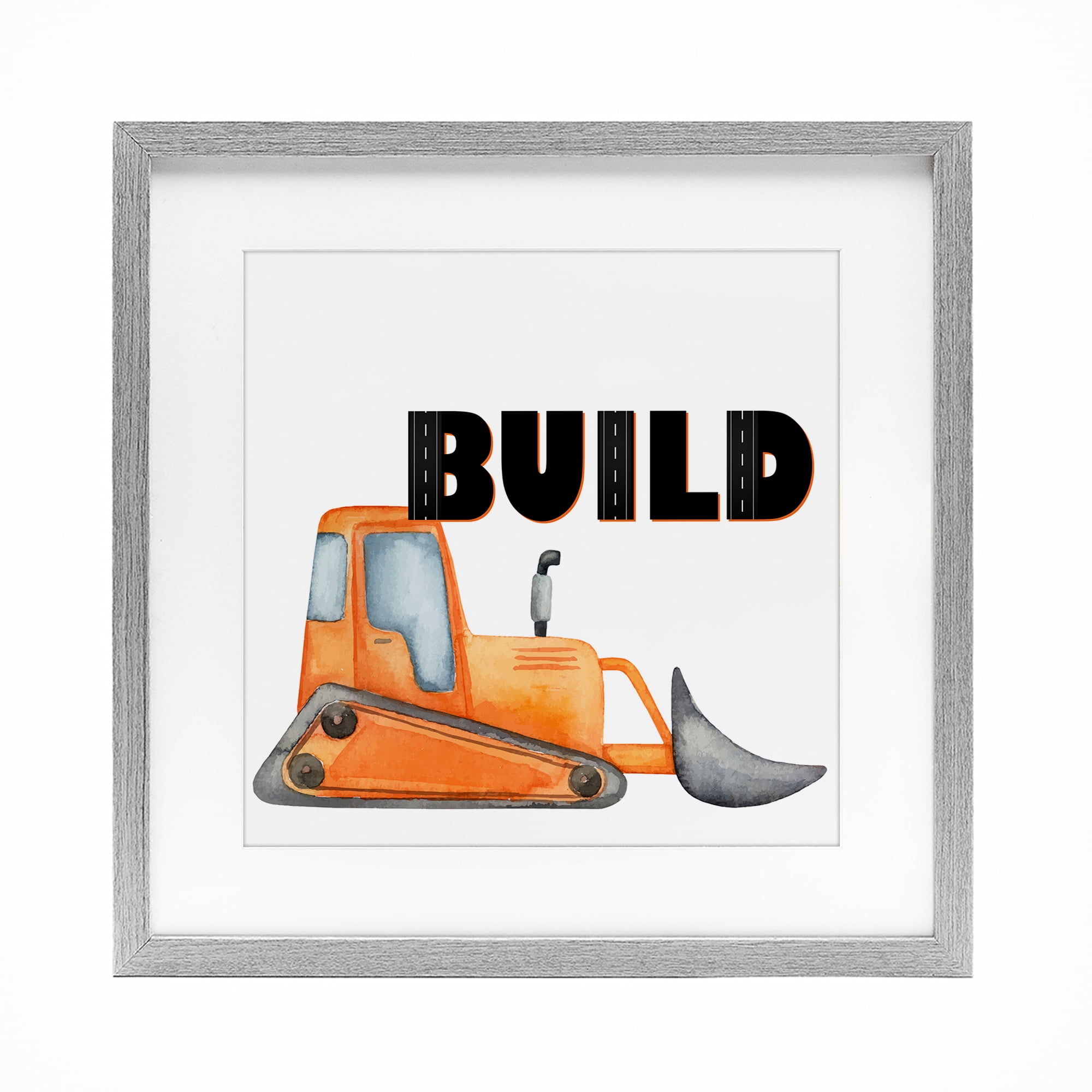 Build with Orange Bulldozer Gray Framed Print Under Glass, design by Kim Allen