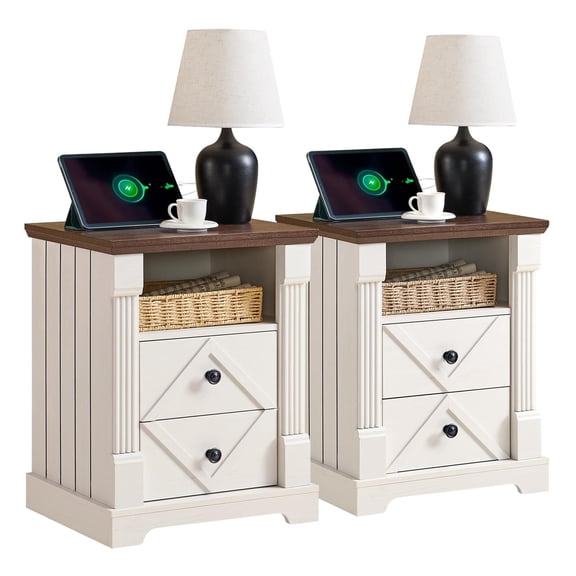 BuildHom 18" Farmhouse Nightstand Set of 2 with Charging Station, Roman Column Bedside Table with 2 Interchangeable Drawers & Open Shelf for Bedroom, White
