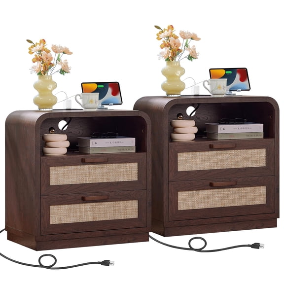 BuildHom 23.6" Rattan Nightstand Set of 2 with Charging Station, 2-Drawer Boho Storage Bedside Table for Bedroom, Living Room, Walnut