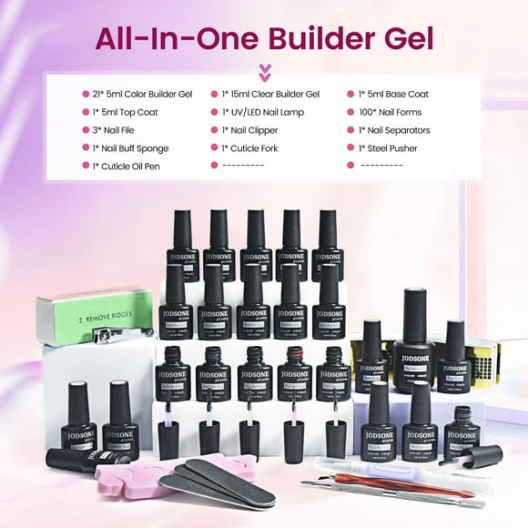 Builder Gel Nail Kit with U V Light Base Top Coat 20 Colors High Shine Builder Gel and 100 PCS Extension Stickers