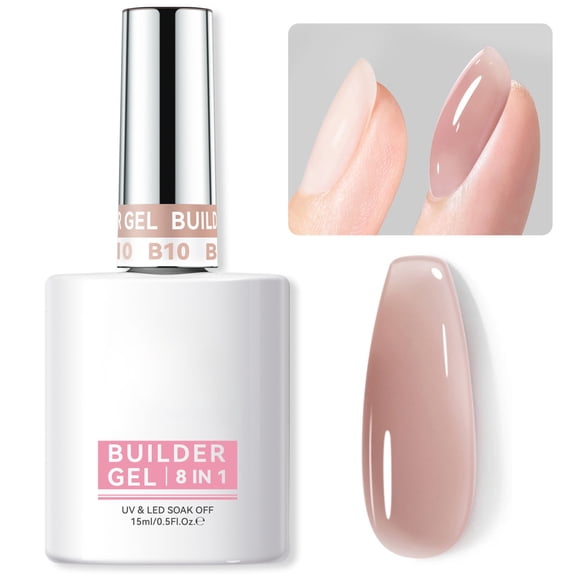 Builder Gel for Nails, 8-in-1 Hard Gel for Nail Extensions, Base Gels & Strengthener, Light Pink Rhinestone Glue for DIY Beginners