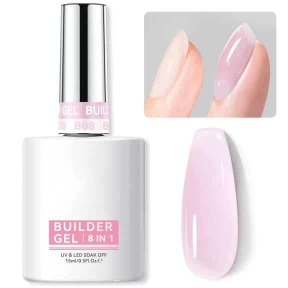 Builder Gel for Nails, 8-in-1 Hard Gel for Nail Extensions, Base Gels & Strengthener, Light Pink Rhinestone Glue for DIY Beginners