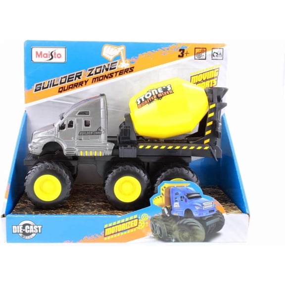 Maisto Builder Zone Quarry Monsters Concrete Mixer Truck Diecast Model Motorized 8.5 Inch Gray