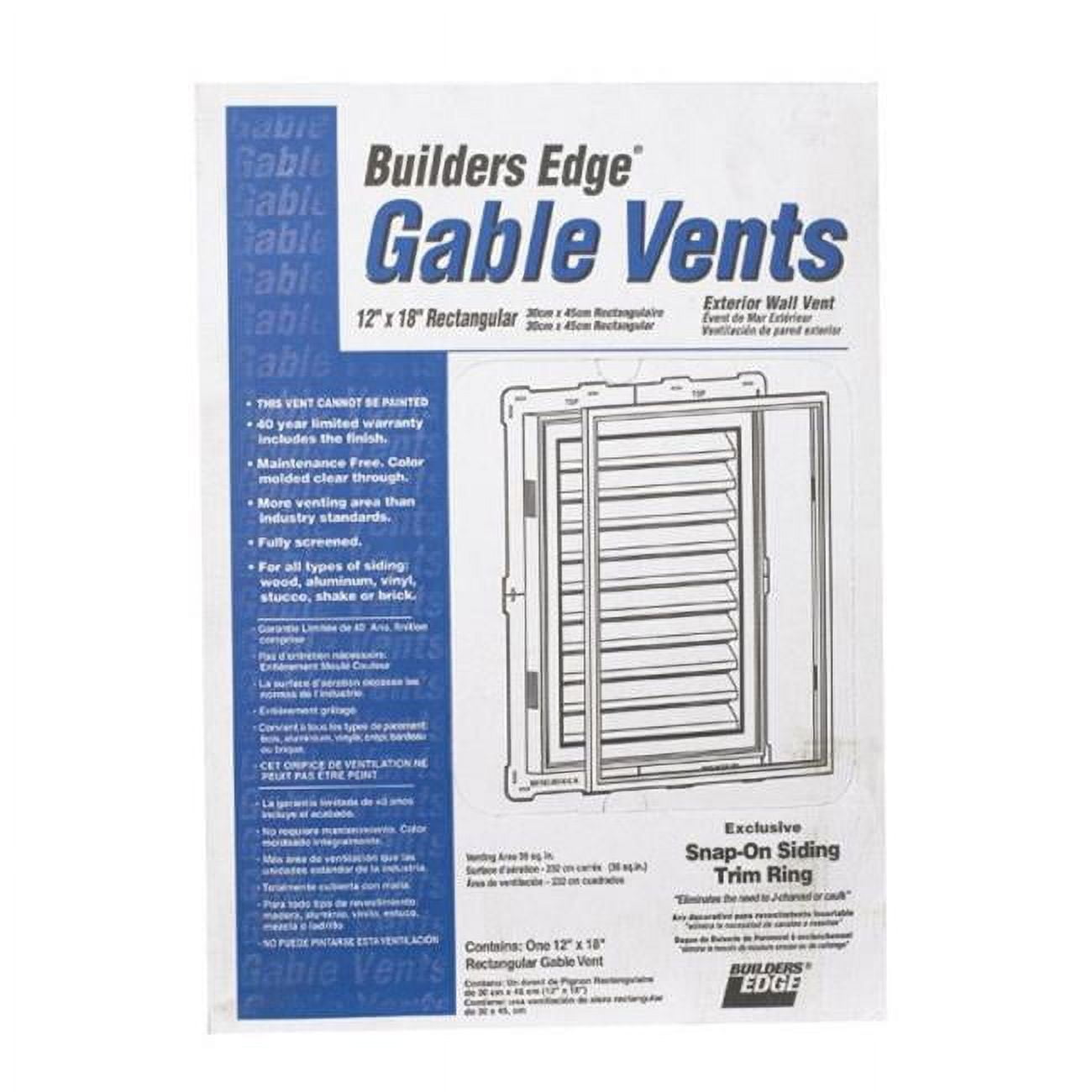 Builders Edge White Plastic Rectangular Gable Vent 12" x 18"