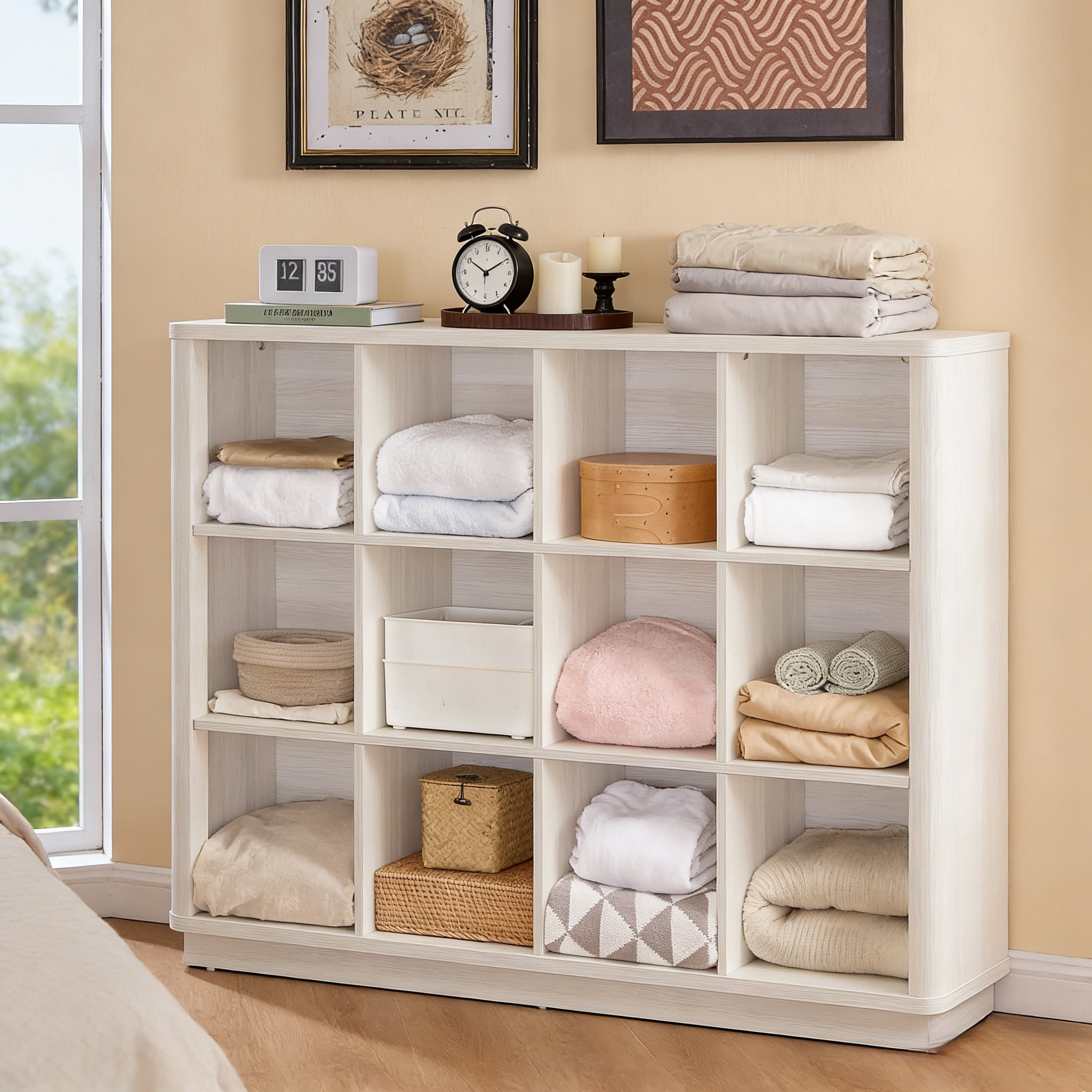 Buildhom 12-Cube 3-Tier Storage Bookcase, 41" Tall Floor Standing Bookshelf with Curved Edge for Living Room, Office, Gray-White