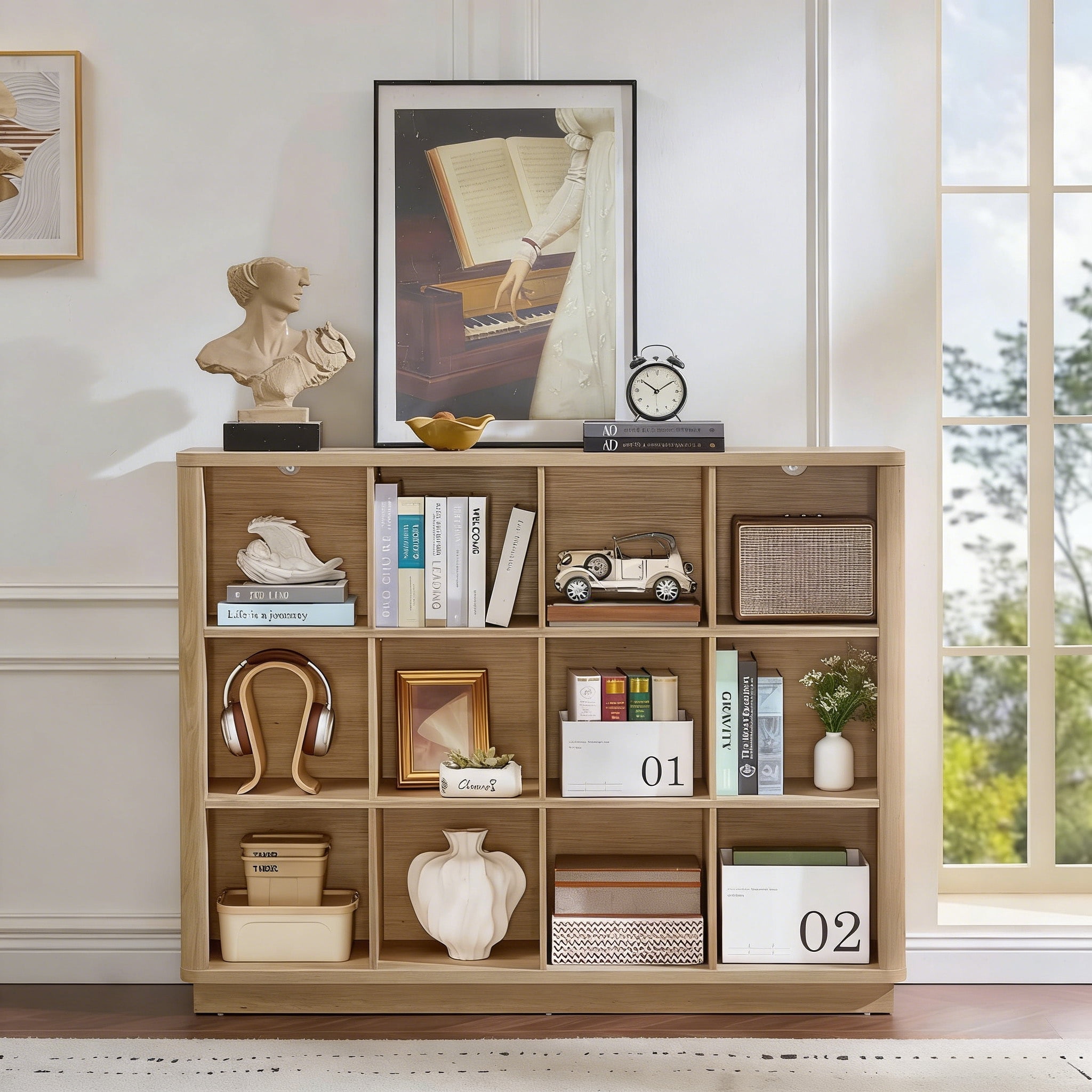 Buildhom 12-Cube 3-Tier Storage Bookcase, 41" Tall Floor Standing Bookshelf with Curved Edge for Living Room, Office, Natural