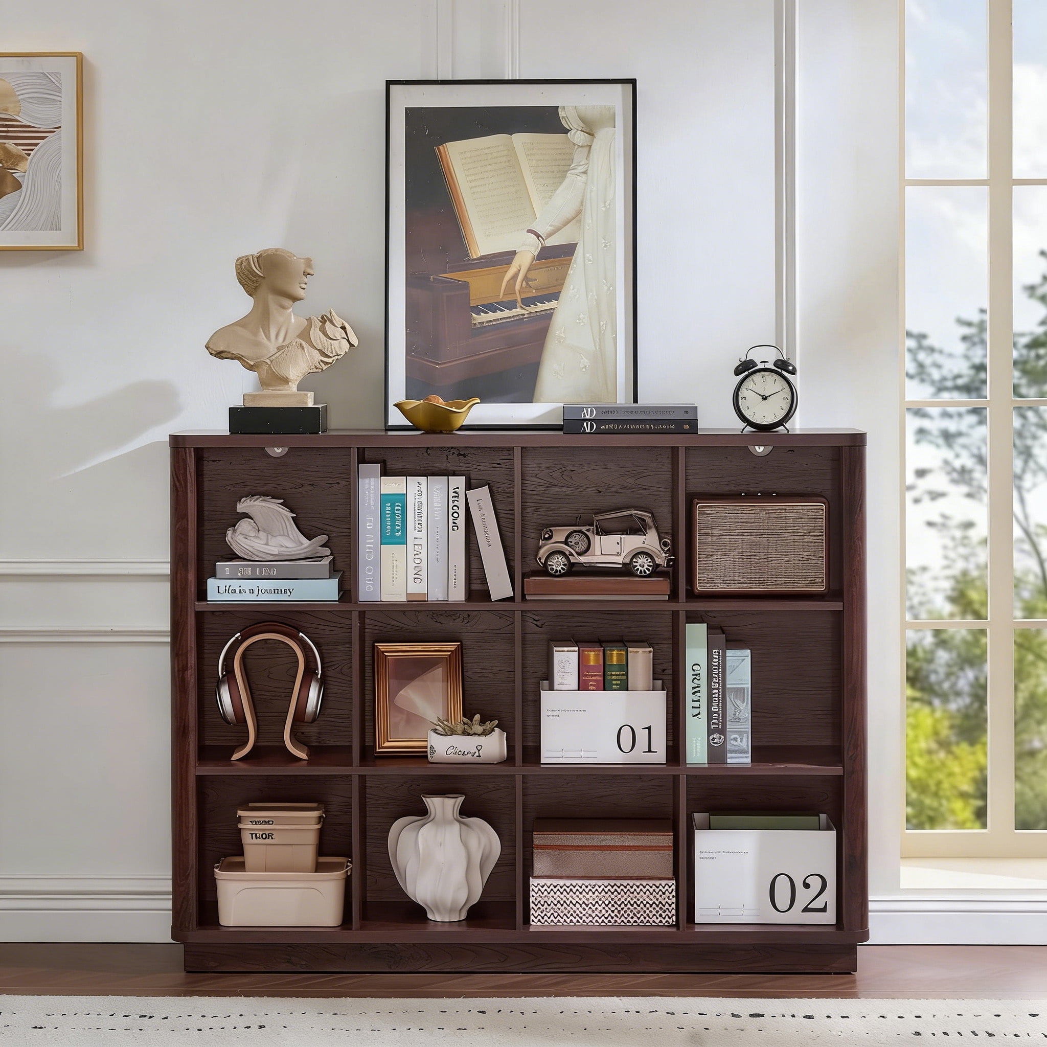 Buildhom 12-Cube 3-Tier Storage Bookcase, 41" Tall Floor Standing Bookshelf with Curved Edge for Living Room, Office, Walnut