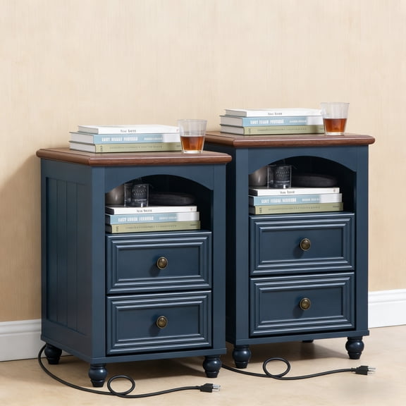 Buildhom 18" Farmhouse Nightstand with Charging Station, Wood Bedside Table with 2 Drawers & Shelf for Bedroom, Living Room, Blue
