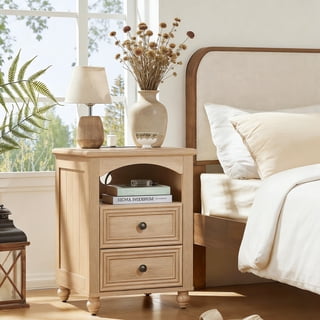 Buildhom 18" Farmhouse Nightstand with Charging Station, Wood Bedside Table with 2 Drawers & Shelf for Bedroom, Living Room, Natural