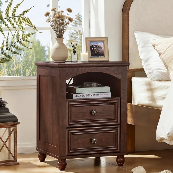 Buildhom 18" Farmhouse Nightstand with Charging Station, Wood Bedside Table with 2 Drawers & Shelf for Bedroom, Living Room, Walnut