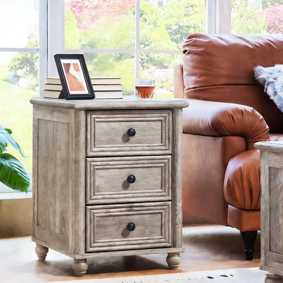 Buildhom 18" Farmhouse Nightstand with Roman Column, 3-Drawer Wood Bedside Chest for Bedroom & Living Room, Grey