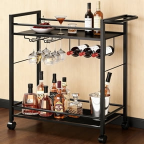 Buildhom 2-Tier Bar Cart with Wheels, Rolling Serving Cart with Wine Rack & Glass Holder for Kitchen, Living Room, Dining Room, Black