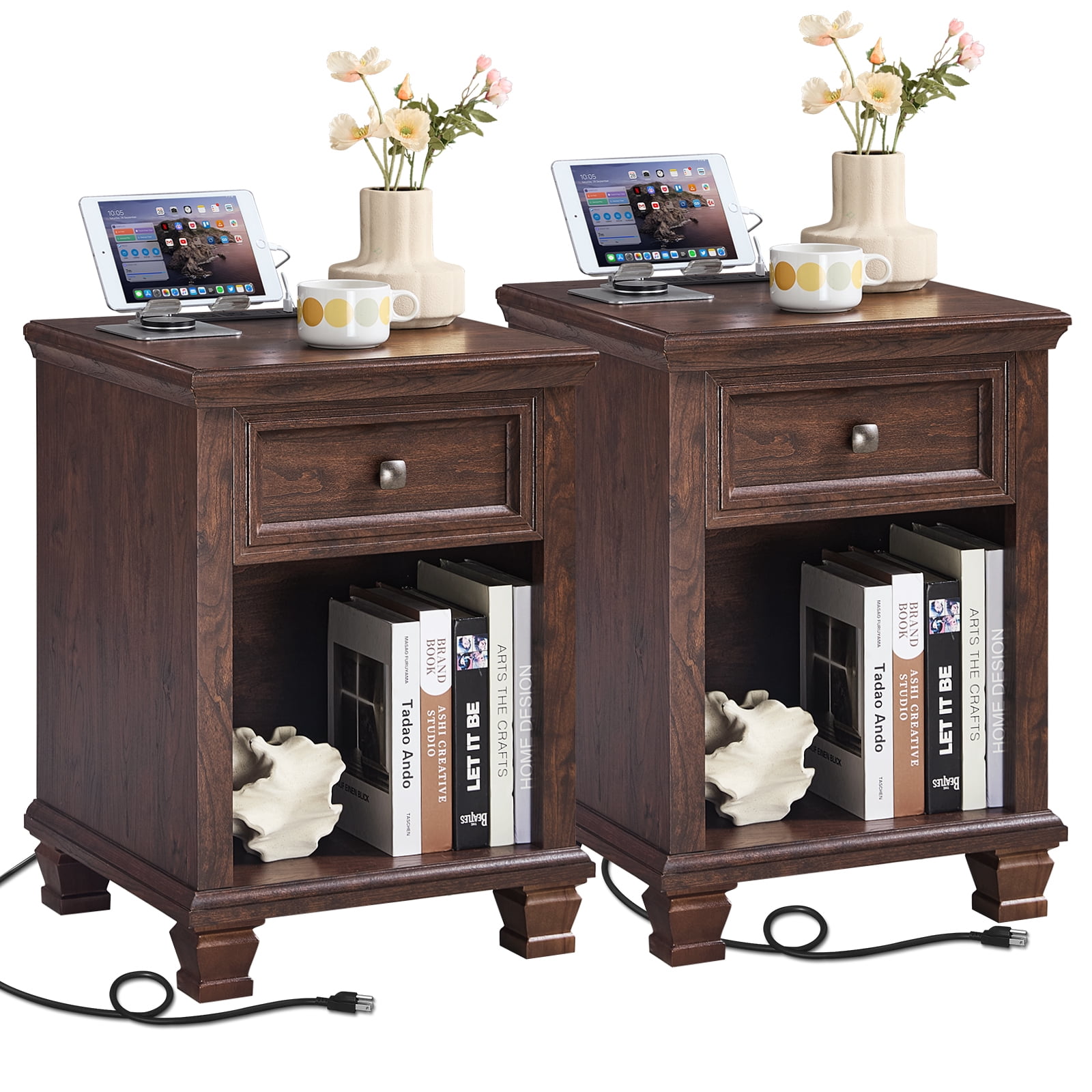 Buildhom 2Pc Farmhouse Nightstand with Charging Station and Drawer ...