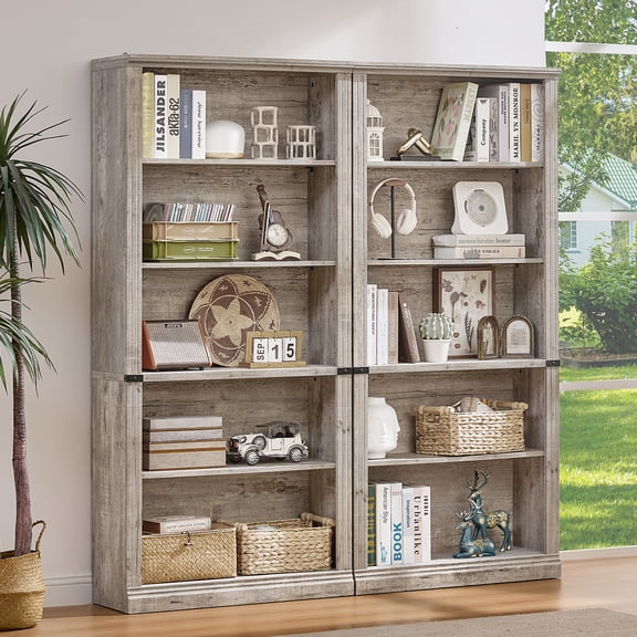 Buildhom 2pc 70" Tall Farmhouse Bookshelf, 5-Tier Solid Wood Bookcase with Adjustable Shelves for Living Room & Office, Grey