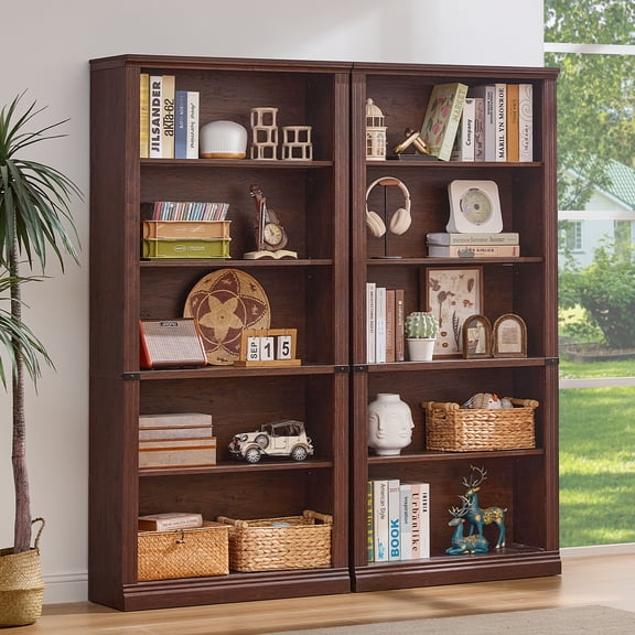 Buildhom 2pc 70" Tall Farmhouse Bookshelf, 5-Tier Solid Wood Bookcase with Adjustable Shelves for Living Room & Office, Walnut