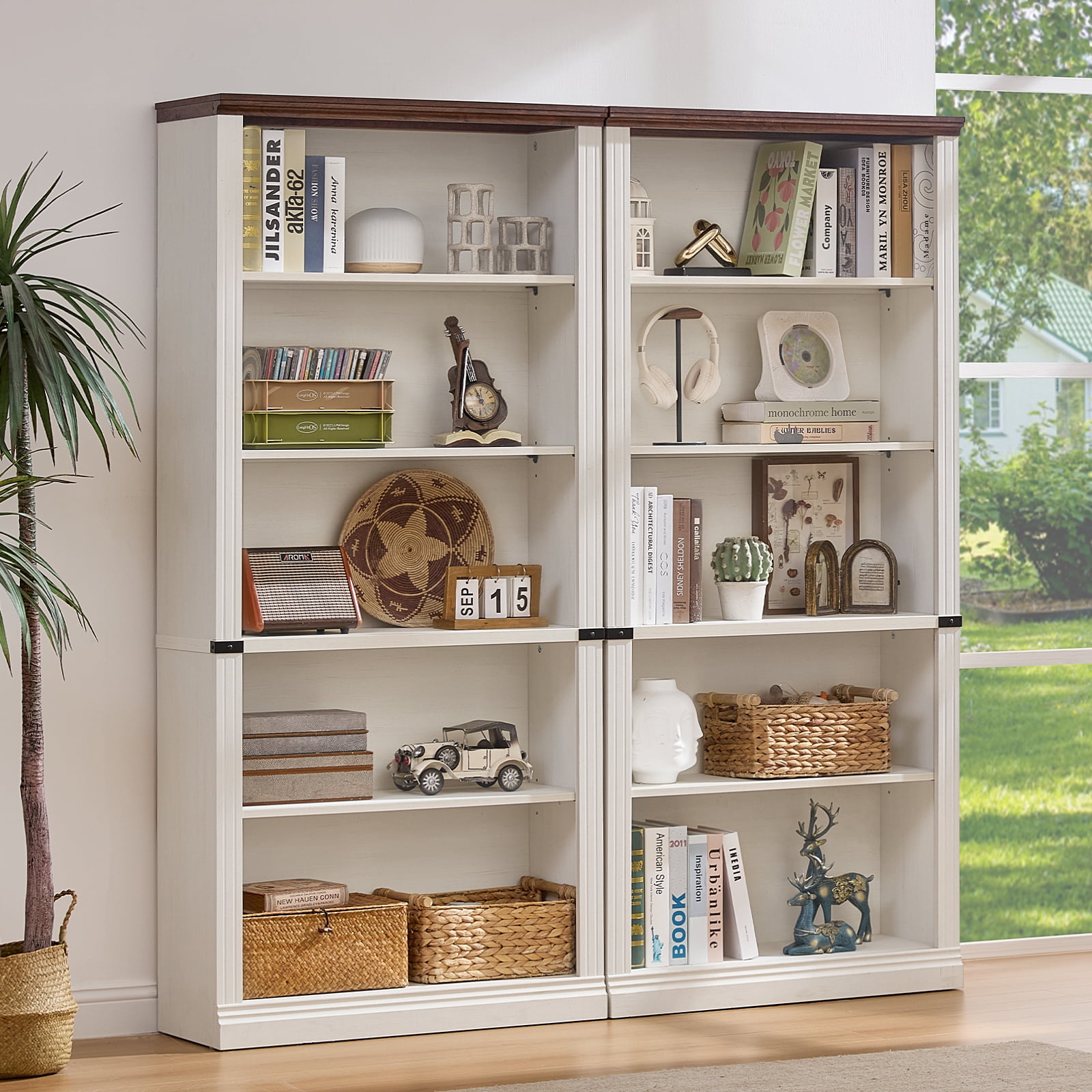 Buildhom 2pc 70" Tall Farmhouse Bookshelf, 5-Tier Solid Wood Bookcase with Adjustable Shelves for Living Room & Office, White