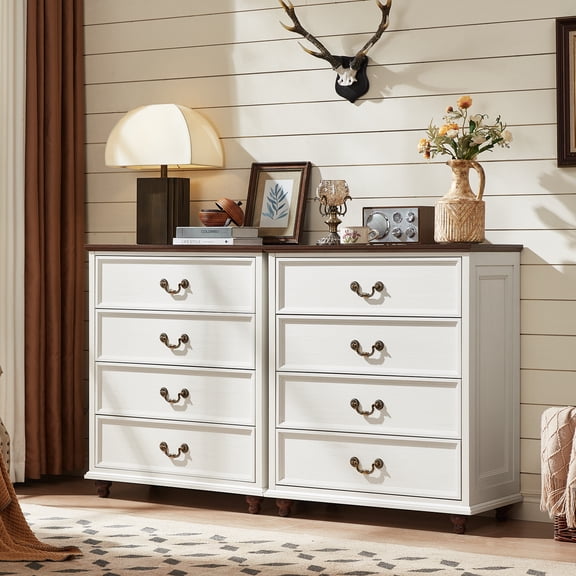 Buildhom 2pc Farmhouse 4 Drawer Dresser for Bedroom, 37" Tall Rustic Wood Chest of Drawers with Solid Feet, White
