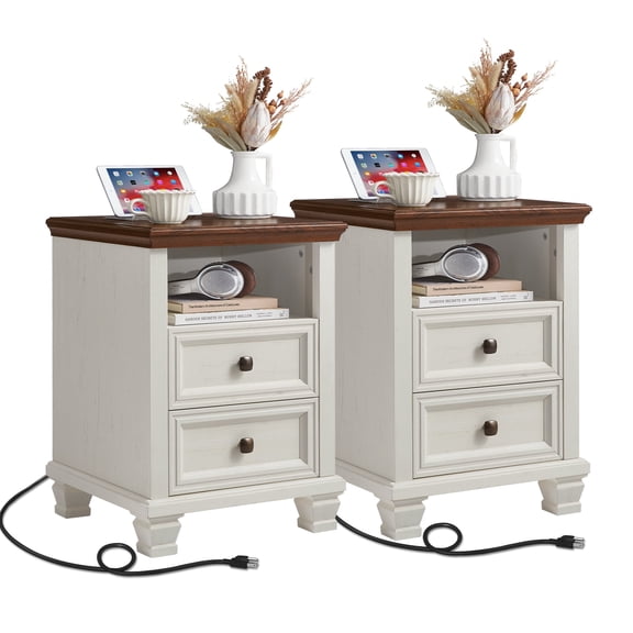 Buildhom 2pc Farmhouse Nightstand with Charging Station, 2-Drawer Rustic Brown End Table with Open Shelf for Bedroom, White