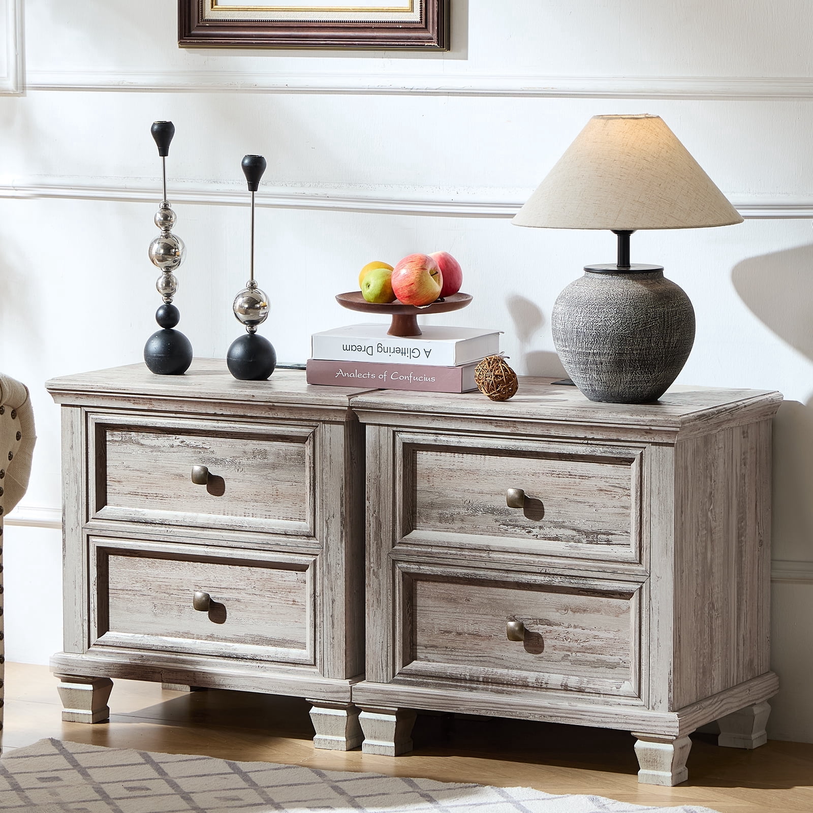 Buildhom 2pc Farmhouse Nightstand with Charging Station, 2-Drawer Rustic End Table with Solid Wood Legs for Bedroom, Grey'