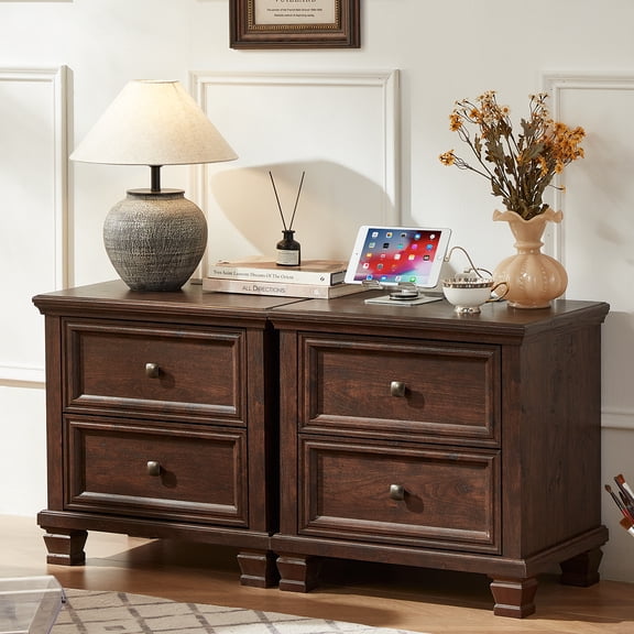 Buildhom 2pc Farmhouse Nightstand with Charging Station, 2-Drawer Rustic End Table with Solid Wood Legs for Bedroom, Walnut