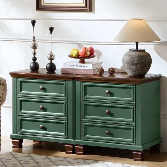 Buildhom Farmhouse 3-Drawer Nightstand with Solid Wood Legs, Rustic End Table for Bedroom & Living Room, Green