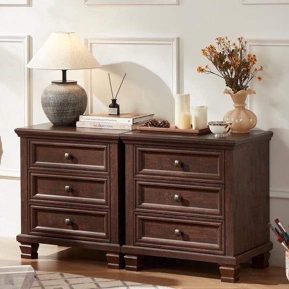 Buildhom Farmhouse 3-Drawer Nightstand with Solid Wood Legs, Rustic End Table for Bedroom & Living Room, Walnut