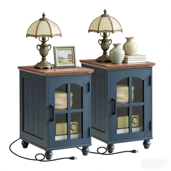 Buildhom 2pc Farmhouse Nightstand with Charging Station, Narrow Side Table with Glass Barn Door & Adjustable Shelf for Small Spaces, Blue