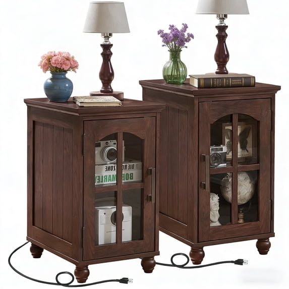 Buildhom 2pc Farmhouse Nightstand with Charging Station, Narrow Side Table with Glass Barn Door & Adjustable Shelf for Small Spaces, Walnut