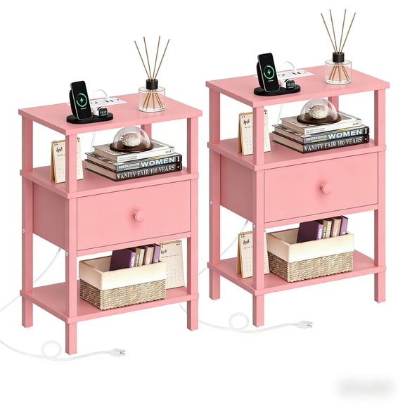 Buildhom Nightstand Set of 2 with Charging Station & USB Ports, 3-Tier Wood End Table with Drawer Shelf for Adult Small Spaces, Living Room, Pink