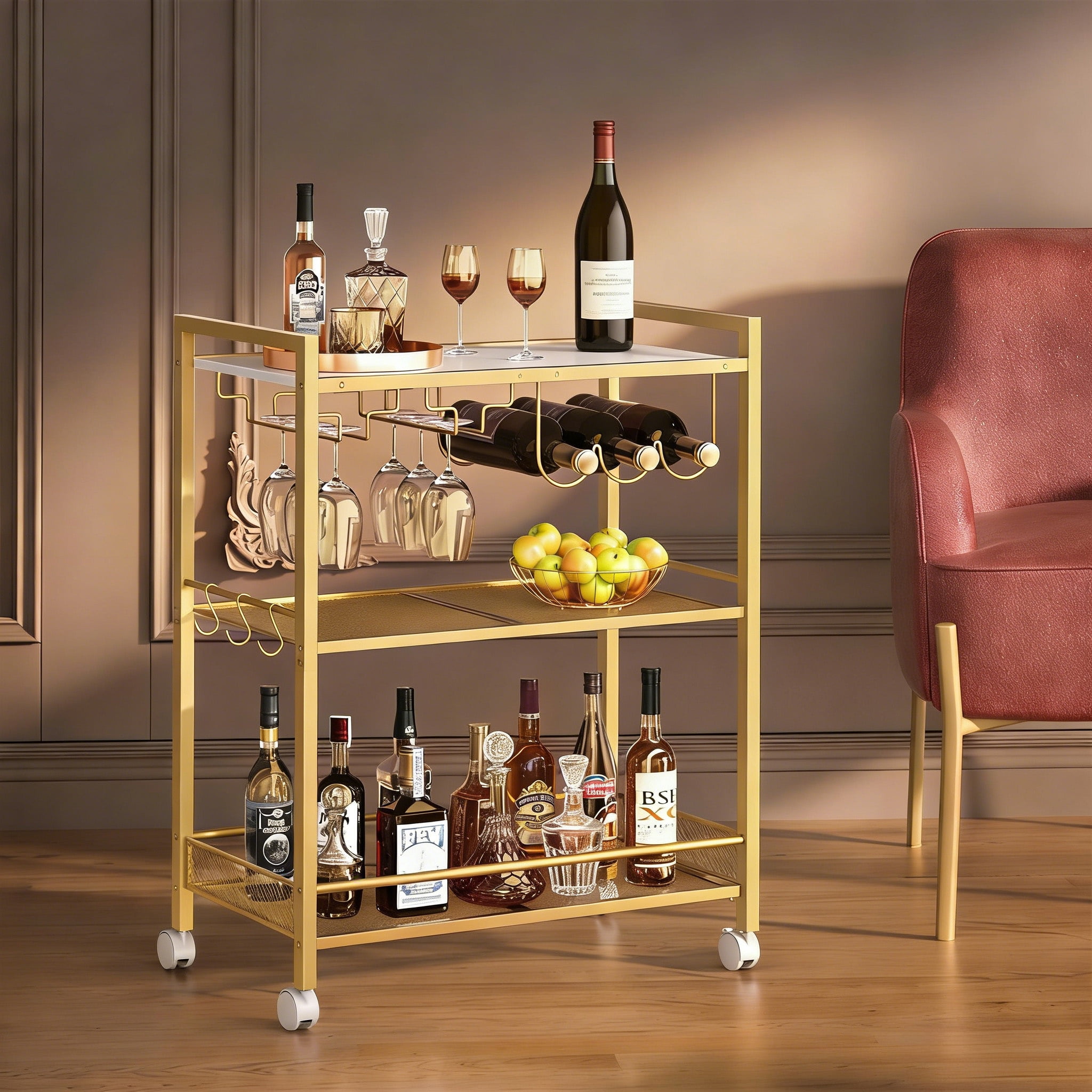 Buildhom 3-Tier Bar Cart with Lockable Wheels, Rolling Serving Cart ...