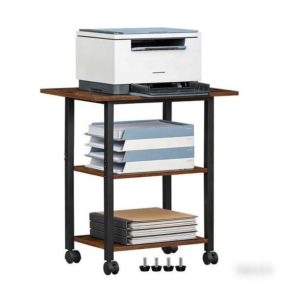 Buildhom 3-Tier Printer Stan, Industrial Mobile Printer Cart with Storage Shelf & Lockable Wheels for Home Office, Brown