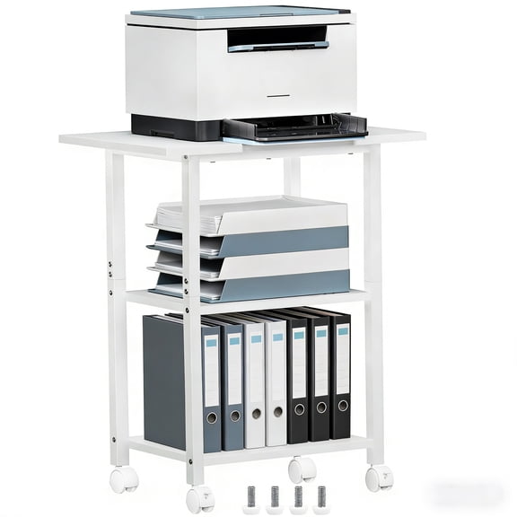 Buildhom 3-Tier Printer Stand, Industrial Mobile Printer Cart with Storage Shelf & Lockable Wheels for Home Office, White