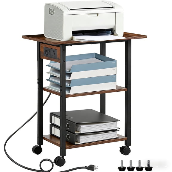 Buildhom 3-Tier Printer Stand with Charging Station, Industrial Mobile Printer Cart with Storage Shelf & Lockable Wheels for Home Office, Brown
