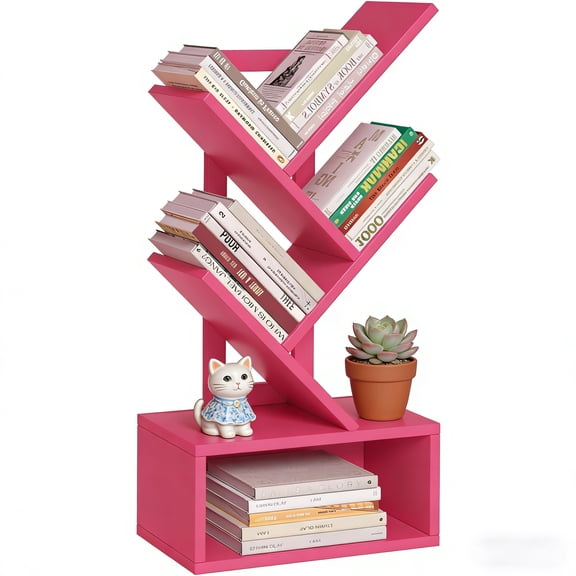 Buildhom 3-Tier Small Tree Bookshelf with Drawer, Desktop Wood Bookcase, Mini Display Shelf for Home Office, Bedroom, Pink