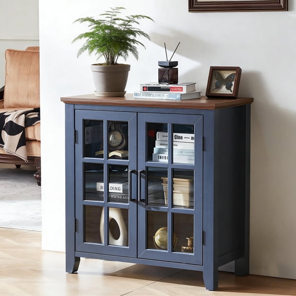 Buildhom 32" Farmhouse Sideboard with 2 Glass Doors, Mid-Century Modern Buffet Cabinet for Dining Room, Living Room, Blue
